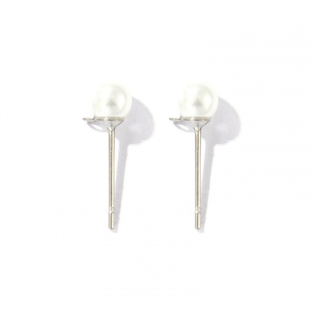 Picture of 10 PCs Eco-friendly 304 Stainless Steel Stylish Ear Post Stud Earring With Loop Connector Accessories Round Silver Tone White Acrylic Imitation Pearl 5mm Dia., Post/ Wire Size: 0.7mm(21 gauge)