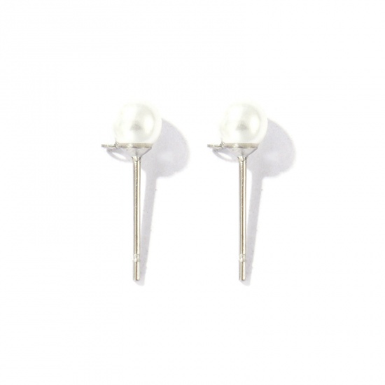 Picture of 10 PCs Eco-friendly 304 Stainless Steel Stylish Ear Post Stud Earring With Loop Connector Accessories Round Silver Tone White Acrylic Imitation Pearl 5mm Dia., Post/ Wire Size: 0.7mm(21 gauge)