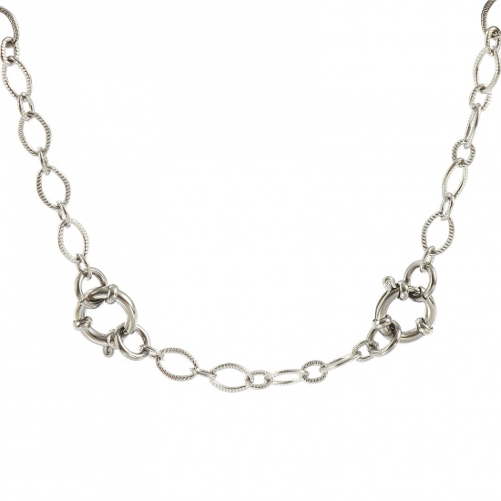 Picture of Wholesale Textured 1:1 Figaro Link Chain Charm Holder Necklace, Silver Tone 304 Stainless Steel, Unisex Eco-friendly Exquisite Simple & Casual Gift Jewelry For Retailer, 63cm(24.8") long, Chain Size: 6mm, 1 Piece