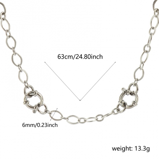 Picture of Wholesale Textured 1:1 Figaro Link Chain Charm Holder Necklace, Silver Tone 304 Stainless Steel, Unisex Eco-friendly Exquisite Simple & Casual Gift Jewelry For Retailer, 63cm(24.8") long, Chain Size: 6mm, 1 Piece