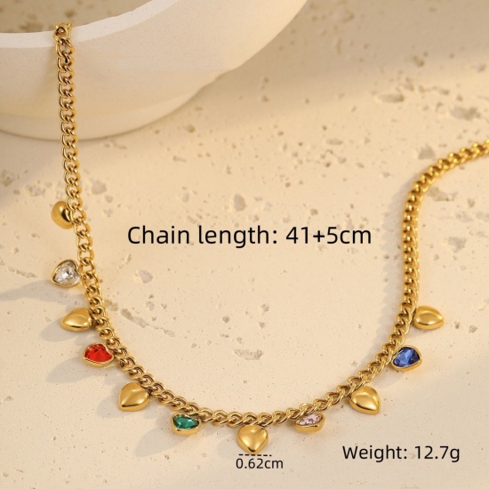 Picture of Wholesale Heart Multicolour Cubic Zirconia Station Necklace, 18K Gold Plated 304 Stainless Steel Women's Eco-friendly PVD Stylish Dainty Gift Jewelry For Retailer, 41cm(16.1") + 5cm(2") long, 1 Piece