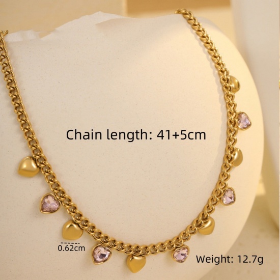 Picture of Wholesale Heart Pink Cubic Zirconia Station Necklace, 18K Gold Plated 304 Stainless Steel Women's Eco-friendly PVD Stylish Dainty Gift Jewelry For Retailer, 41cm(16.1") + 5cm(2") long, 1 Piece