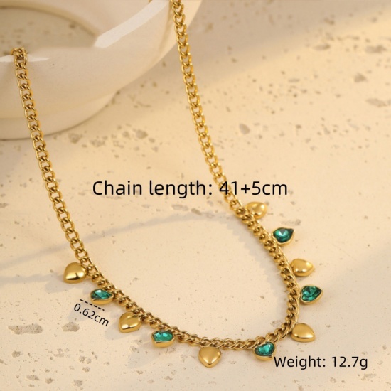 Picture of Wholesale Heart Green Cubic Zirconia Station Necklace, 18K Gold Plated 304 Stainless Steel Women's Eco-friendly PVD Stylish Dainty Gift Jewelry For Retailer, 41cm(16.1") + 5cm(2") long, 1 Piece