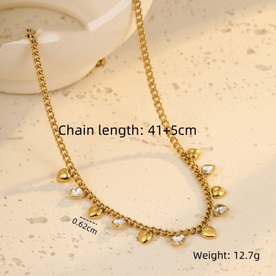 Picture of Wholesale Heart Clear Cubic Zirconia Station Necklace, 18K Gold Plated 304 Stainless Steel Women's Eco-friendly PVD Stylish Dainty Gift Jewelry For Retailer, 41cm(16.1") + 5cm(2") long, 1 Piece
