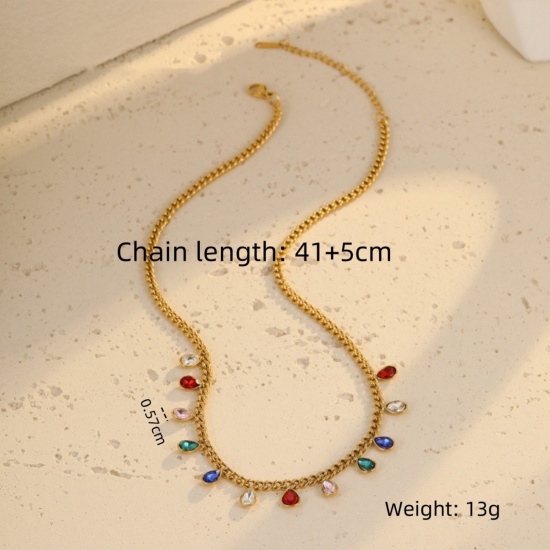 Picture of Wholesale Drop Multicolour Cubic Zirconia Station Necklace, 18K Gold Plated 304 Stainless Steel Women's Eco-friendly PVD Stylish Dainty Gift Jewelry For Retailer, 41cm(16.1") + 5cm(2") long, 1 Piece