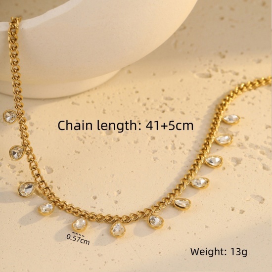 Picture of Wholesale Drop Clear Cubic Zirconia Station Necklace, 18K Gold Plated 304 Stainless Steel Women's Eco-friendly PVD Stylish Dainty Gift Jewelry For Retailer, 41cm(16.1") + 5cm(2") long, 1 Piece