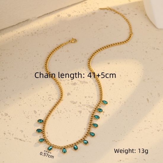 Picture of Wholesale Drop Green Cubic Zirconia Station Necklace, 18K Gold Plated 304 Stainless Steel Women's Eco-friendly PVD Stylish Dainty Gift Jewelry For Retailer, 41cm(16.1") + 5cm(2") long, 1 Piece