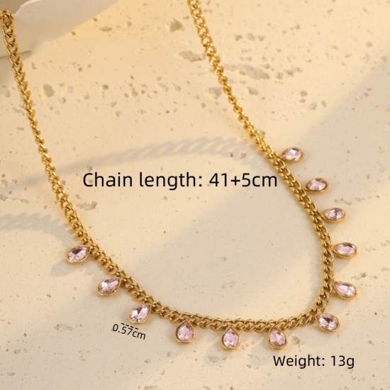 Picture of Wholesale Drop Pink Cubic Zirconia Station Necklace, 18K Gold Plated 304 Stainless Steel Women's Eco-friendly PVD Stylish Dainty Gift Jewelry For Retailer, 41cm(16.1") + 5cm(2") long, 1 Piece