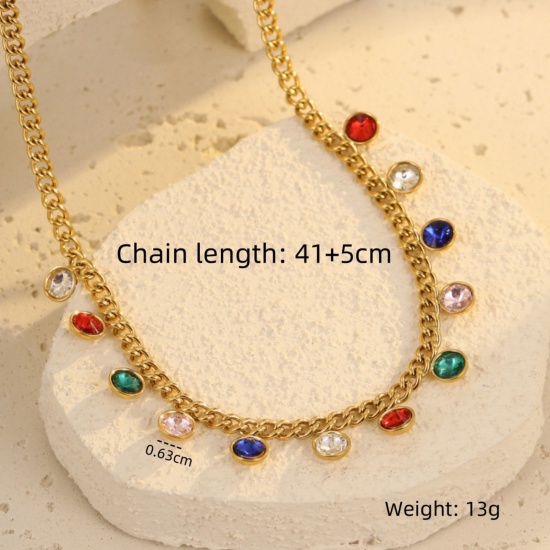 Picture of Wholesale Round Multicolour Cubic Zirconia Station Necklace, 18K Gold Plated 304 Stainless Steel Women's Eco-friendly PVD Stylish Dainty Gift Jewelry For Retailer, 41cm(16.1") + 5cm(2") long, 1 Piece