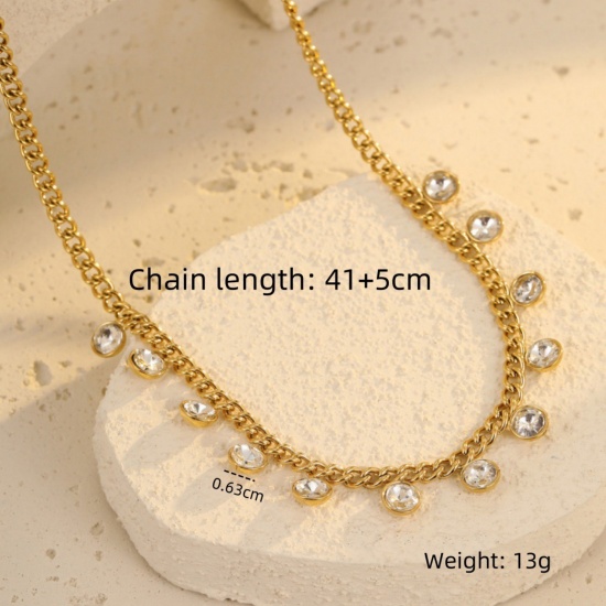 Picture of Wholesale Round Clear Cubic Zirconia Station Necklace, 18K Gold Plated 304 Stainless Steel Women's Eco-friendly PVD Stylish Dainty Gift Jewelry For Retailer, 41cm(16.1") + 5cm(2") long, 1 Piece