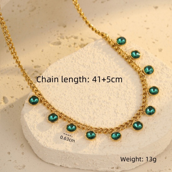 Picture of Wholesale Round Green Cubic Zirconia Station Necklace, 18K Gold Plated 304 Stainless Steel Women's Eco-friendly PVD Stylish Dainty Gift Jewelry For Retailer, 41cm(16.1") + 5cm(2") long, 1 Piece