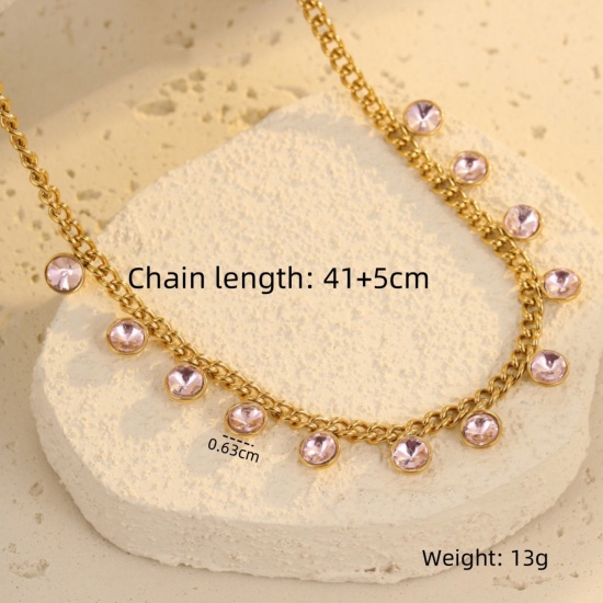 Picture of Wholesale Round Pink Cubic Zirconia Station Necklace, 18K Gold Plated 304 Stainless Steel Women's Eco-friendly PVD Stylish Dainty Gift Jewelry For Retailer, 41cm(16.1") + 5cm(2") long, 1 Piece