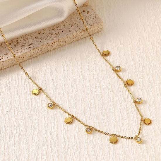 Picture of Wholesale Sun Clear Rhinestone Link Cable Chain Station Necklace, 18K Gold Plated 304 Stainless Steel, Women's Eco-friendly PVD Stylish Dainty Gift Jewelry For Retailer, 40cm(15.7") + 5cm(2") long, 1 Piece