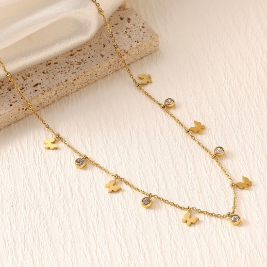 Picture of Wholesale Butterfly Animal Clear Rhinestone Link Cable Chain Station Necklace, 18K Gold Plated 304 Stainless Steel, Women's Eco-friendly PVD Stylish Dainty Gift Jewelry For Retailer, 40cm(15.7") + 5cm(2") long, 1 Piece