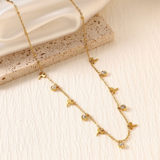 Picture of Wholesale Dragonfly Animal Clear Rhinestone Link Cable Chain Station Necklace, 18K Gold Plated 304 Stainless Steel, Women's Eco-friendly PVD Stylish Dainty Gift Jewelry For Retailer, 40cm(15.7") + 5cm(2") long, 1 Piece