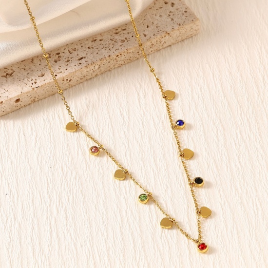 Picture of Wholesale Heart Multicolor Rhinestone Link Cable Chain Station Necklace, 18K Gold Plated 304 Stainless Steel, Women's Eco-friendly PVD Stylish Dainty Gift Jewelry For Retailer, 40cm(15.7") + 5cm(2") long, 1 Piece