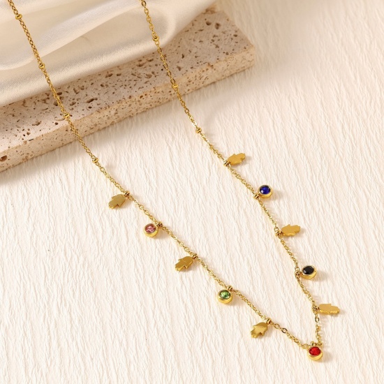 Picture of Wholesale Hamsa Symbol Hand Multicolor Rhinestone Link Cable Chain Station Necklace, 18K Gold Plated 304 Stainless Steel, Women's Eco-friendly PVD Stylish Dainty Gift Jewelry For Retailer, 40cm(15.7") + 5cm(2") long, 1 Piece