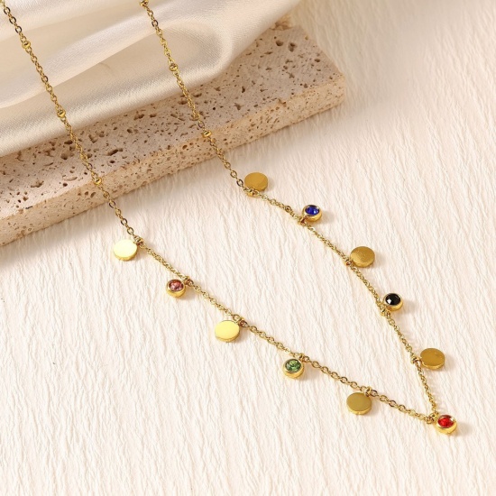 Picture of Wholesale Round Disc Multicolor Rhinestone Link Cable Chain Station Necklace, 18K Gold Plated 304 Stainless Steel, Women's Eco-friendly PVD Stylish Dainty Gift Jewelry For Retailer, 40cm(15.7") + 5cm(2") long, 1 Piece