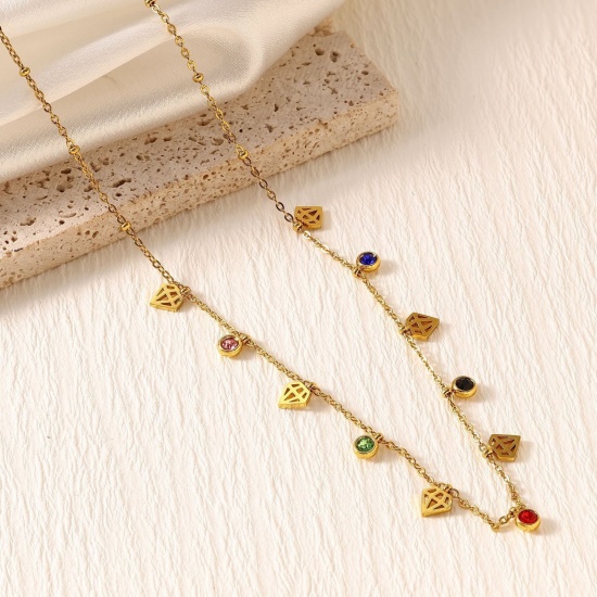 Picture of Wholesale Diamond Shape Multicolor Rhinestone Link Cable Chain Station Necklace, 18K Gold Plated 304 Stainless Steel, Women's Eco-friendly PVD Stylish Dainty Gift Jewelry For Retailer, 40cm(15.7") + 5cm(2") long, 1 Piece