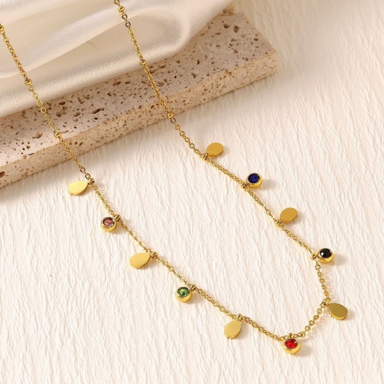 Picture of Wholesale Drop Multicolor Rhinestone Link Cable Chain Station Necklace, 18K Gold Plated 304 Stainless Steel, Women's Eco-friendly PVD Stylish Dainty Gift Jewelry For Retailer, 40cm(15.7") + 5cm(2") long, 1 Piece