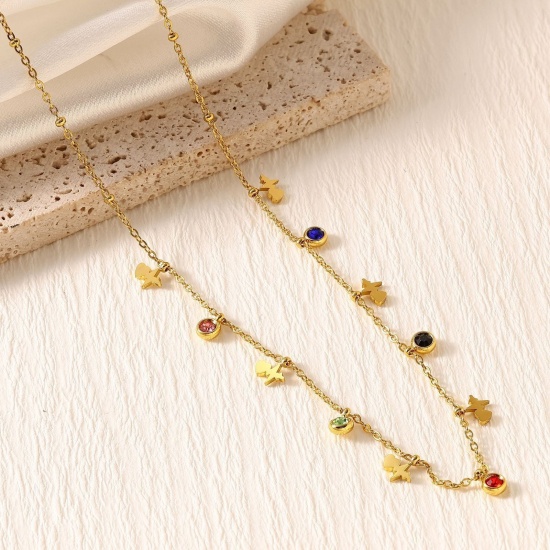 Picture of Wholesale Heartbeat/ Electrocardiogram Multicolor Rhinestone Link Cable Chain Station Necklace, 18K Gold Plated 304 Stainless Steel, Women's Eco-friendly PVD Stylish Dainty Gift Jewelry For Retailer, 40cm(15.7") + 5cm(2") long, 1 Piece