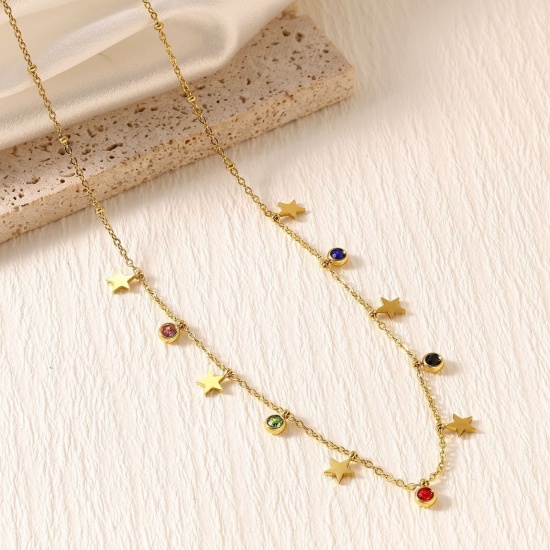 Picture of Wholesale Pentagram Star Multicolor Rhinestone Link Cable Chain Station Necklace, 18K Gold Plated 304 Stainless Steel, Women's Eco-friendly PVD Stylish Dainty Gift Jewelry For Retailer, 40cm(15.7") + 5cm(2") long, 1 Piece
