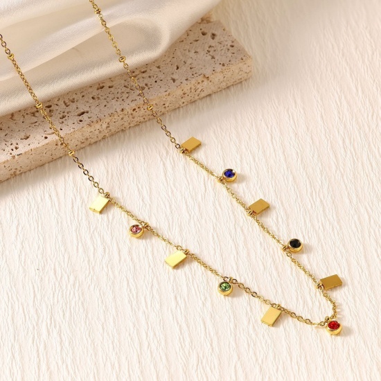 Picture of Wholesale Rectangle Multicolor Rhinestone Link Cable Chain Station Necklace, 18K Gold Plated 304 Stainless Steel, Women's Eco-friendly PVD Stylish Dainty Gift Jewelry For Retailer, 40cm(15.7") + 5cm(2") long, 1 Piece