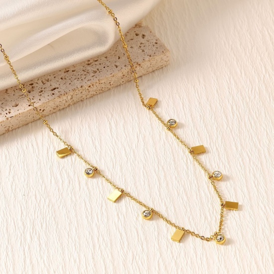 Picture of Wholesale Rectangle Clear Rhinestone Link Cable Chain Station Necklace, 18K Gold Plated 304 Stainless Steel, Women's Eco-friendly PVD Stylish Dainty Gift Jewelry For Retailer, 40cm(15.7") + 5cm(2") long, 1 Piece
