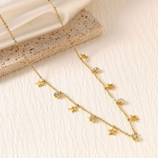 Picture of Wholesale Pentagram Star Hollow Clear Rhinestone Link Cable Chain Station Necklace, 18K Gold Plated 304 Stainless Steel, Women's Eco-friendly PVD Stylish Dainty Gift Jewelry For Retailer, 40cm(15.7") + 5cm(2") long, 1 Piece