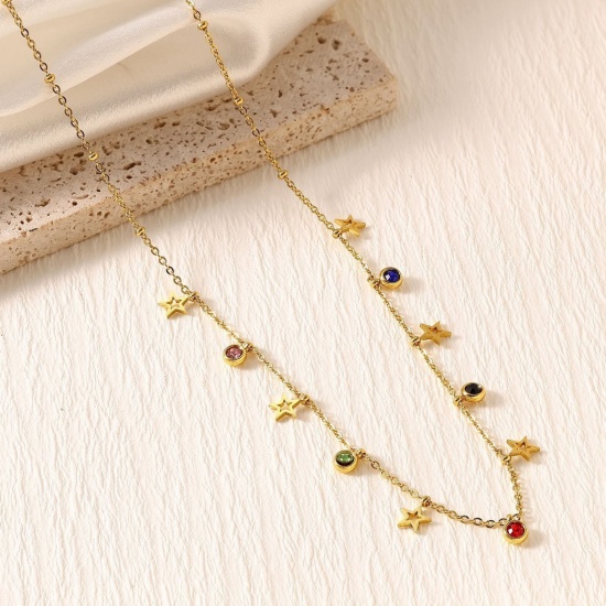 Picture of Wholesale Pentagram Star Hollow Multicolor Rhinestone Link Cable Chain Station Necklace, 18K Gold Plated 304 Stainless Steel, Women's Eco-friendly PVD Stylish Dainty Gift Jewelry For Retailer, 40cm(15.7") + 5cm(2") long, 1 Piece