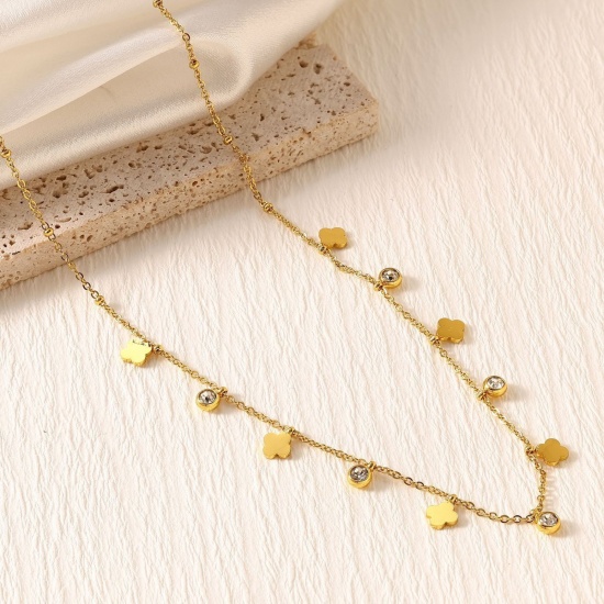 Picture of Wholesale Flower Clear Rhinestone Link Cable Chain Station Necklace, 18K Gold Plated 304 Stainless Steel, Women's Eco-friendly PVD Stylish Dainty Gift Jewelry For Retailer, 40cm(15.7") + 5cm(2") long, 1 Piece