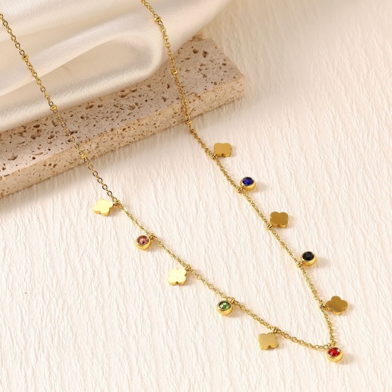 Picture of Wholesale Flower Multicolor Rhinestone Link Cable Chain Station Necklace, 18K Gold Plated 304 Stainless Steel, Women's Eco-friendly PVD Stylish Dainty Gift Jewelry For Retailer, 40cm(15.7") + 5cm(2") long, 1 Piece