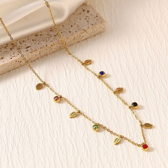 Picture of Wholesale Leaf Multicolor Rhinestone Link Cable Chain Station Necklace, 18K Gold Plated 304 Stainless Steel, Women's Eco-friendly PVD Stylish Dainty Gift Jewelry For Retailer, 40cm(15.7") + 5cm(2") long, 1 Piece