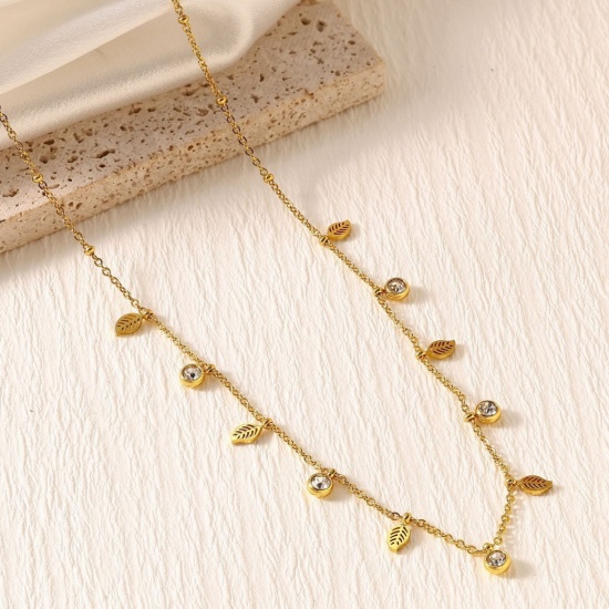Picture of Wholesale Leaf Clear Rhinestone Link Cable Chain Station Necklace, 18K Gold Plated 304 Stainless Steel, Women's Eco-friendly PVD Stylish Dainty Gift Jewelry For Retailer, 40cm(15.7") + 5cm(2") long, 1 Piece