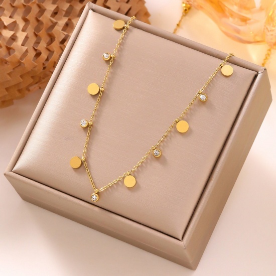 Picture of Wholesale Round Disc Clear Rhinestone Link Cable Chain Station Necklace, 18K Gold Plated 304 Stainless Steel, Women's Eco-friendly PVD Stylish Dainty Gift Jewelry For Retailer, 40cm(15.7") + 5cm(2") long, 1 Piece
