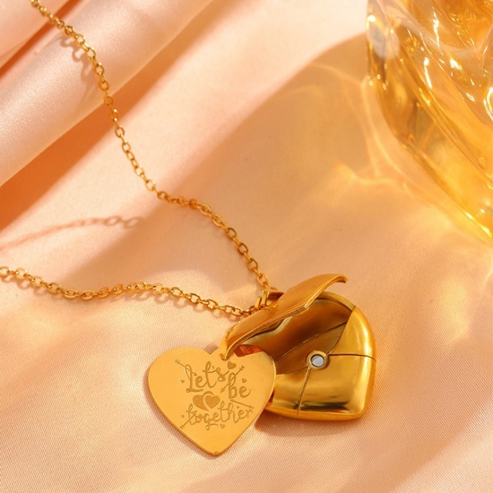 Imagen de Al Por Mayor Corazón Sobre Puede Abrir Collar con Colgante, Chapado en Oro de 18K 304 Acero Inoxidable Mujeres Recubrimiento al Vacío PVD Ecológico día de San Valentín Elegante Regalo Joyería Para Minorista 45cm + 5cm longitud, 1 Unidad