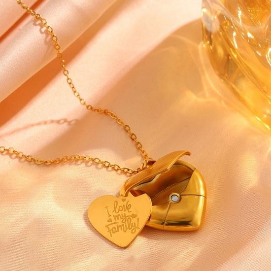 Imagen de Al Por Mayor Corazón Sobre Puede Abrir Collar con Colgante, Chapado en Oro de 18K 304 Acero Inoxidable Mujeres Recubrimiento al Vacío PVD Ecológico día de San Valentín Elegante Regalo Joyería Para Minorista 45cm + 5cm longitud, 1 Unidad