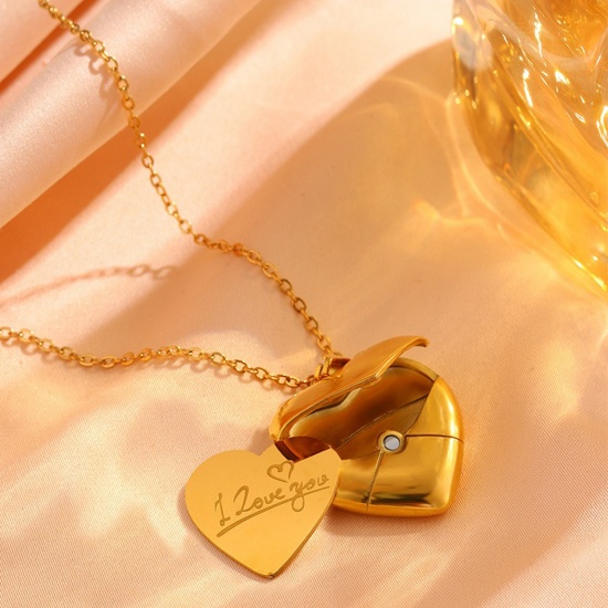Imagen de Al Por Mayor Corazón Sobre Puede Abrir Collar con Colgante, Chapado en Oro de 18K 304 Acero Inoxidable Mujeres Recubrimiento al Vacío PVD Ecológico día de San Valentín Elegante Regalo Joyería Para Minorista 45cm + 5cm longitud, 1 Unidad