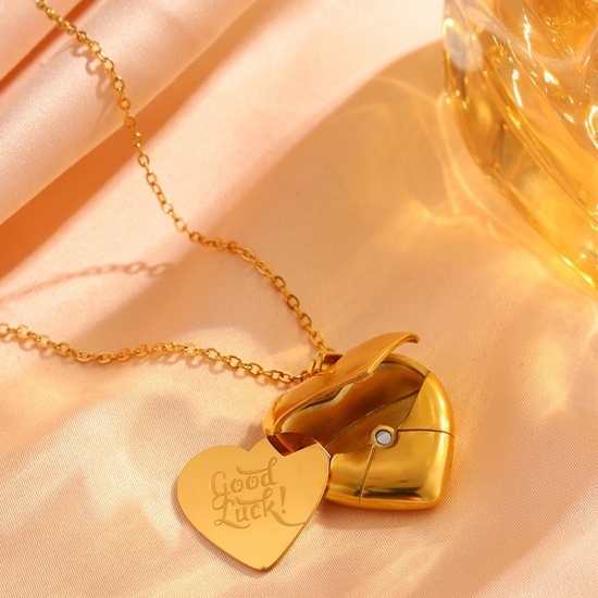 Imagen de Al Por Mayor Corazón Sobre Puede Abrir Collar con Colgante, Chapado en Oro de 18K 304 Acero Inoxidable Mujeres Recubrimiento al Vacío PVD Ecológico día de San Valentín Elegante Regalo Joyería Para Minorista 45cm + 5cm longitud, 1 Unidad