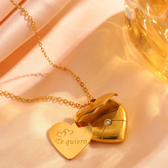 Imagen de Al Por Mayor Corazón Sobre Puede Abrir Collar con Colgante, Chapado en Oro de 18K 304 Acero Inoxidable Mujeres Recubrimiento al Vacío PVD Ecológico día de San Valentín Elegante Regalo Joyería Para Minorista 45cm + 5cm longitud, 1 Unidad