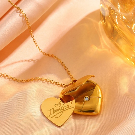 Imagen de Al Por Mayor Corazón Sobre Puede Abrir Collar con Colgante, Chapado en Oro de 18K 304 Acero Inoxidable Mujeres Recubrimiento al Vacío PVD Ecológico día de San Valentín Elegante Regalo Joyería Para Minorista 45cm + 5cm longitud, 1 Unidad