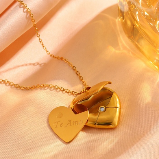 Imagen de Al Por Mayor Corazón Sobre Puede Abrir Collar con Colgante, Chapado en Oro de 18K 304 Acero Inoxidable Mujeres Recubrimiento al Vacío PVD Ecológico día de San Valentín Elegante Regalo Joyería Para Minorista 45cm + 5cm longitud, 1 Unidad