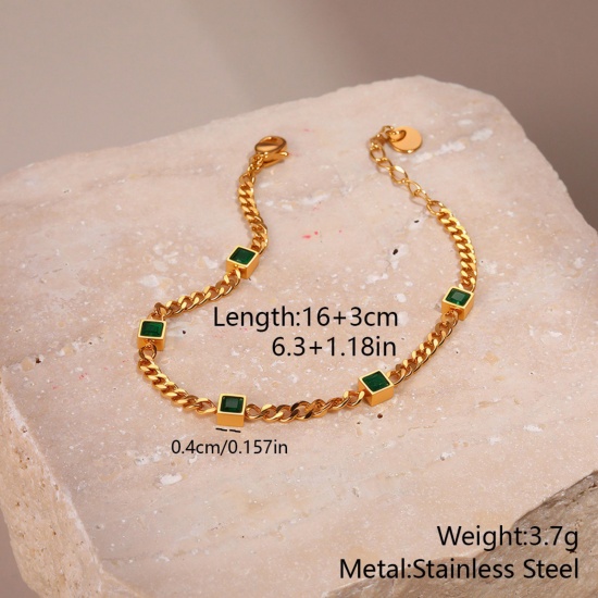 Picture of Wholesale Green Cubic Zirconia 304 Stainless Steel Curb Link Chain Station Bracelet, 18K Gold Plated Eco-friendly PVD, Women's Stylish Dainty Gift Jewelry Supply, 16cm(6.3") long, 1 Piece