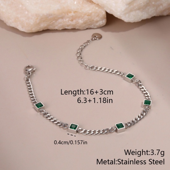 Picture of Wholesale Green Cubic Zirconia 304 Stainless Steel Curb Link Chain Station Bracelet, Silver Tone Eco-friendly, Women's Stylish Dainty Gift Jewelry Supply, 16cm(6.3") long, 1 Piece