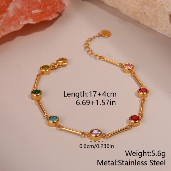 Picture of Wholesale Sticks Multicolour Cubic Zirconia 304 Stainless Steel Handmade Link Chain Station Bracelet, 18K Gold Plated Eco-friendly PVD, Women's Stylish Dainty Gift Jewelry Supply, 17cm(6.7") long, 1 Piece