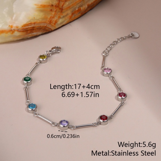 Picture of Wholesale Sticks Multicolour Cubic Zirconia 304 Stainless Steel Handmade Link Chain Station Bracelet, Silver Tone Eco-friendly, Women's Stylish Dainty Gift Jewelry Supply, 17cm(6.7") long, 1 Piece