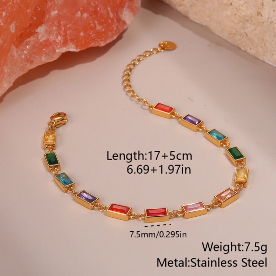 Picture of Wholesale Rectangle Multicolour Cubic Zirconia 304 Stainless Steel Handmade Link Chain Station Bracelet, 18K Gold Plated Eco-friendly PVD, Women's Stylish Dainty Gift Jewelry Supply, 17cm(6.7") long, 1 Piece