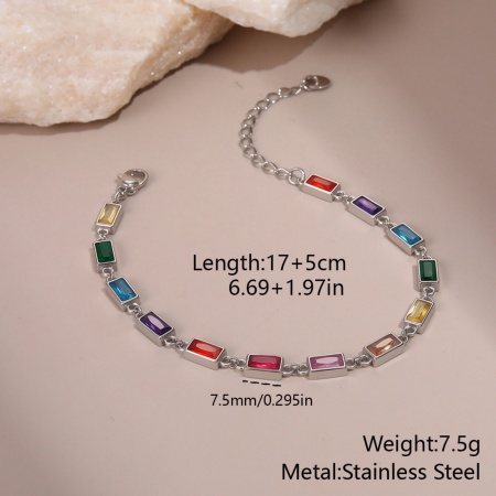 Picture of Wholesale Rectangle Multicolour Cubic Zirconia 304 Stainless Steel Handmade Link Chain Station Bracelet, Silver Tone Eco-friendly, Women's Stylish Dainty Gift Jewelry Supply, 17cm(6.7") long, 1 Piece
