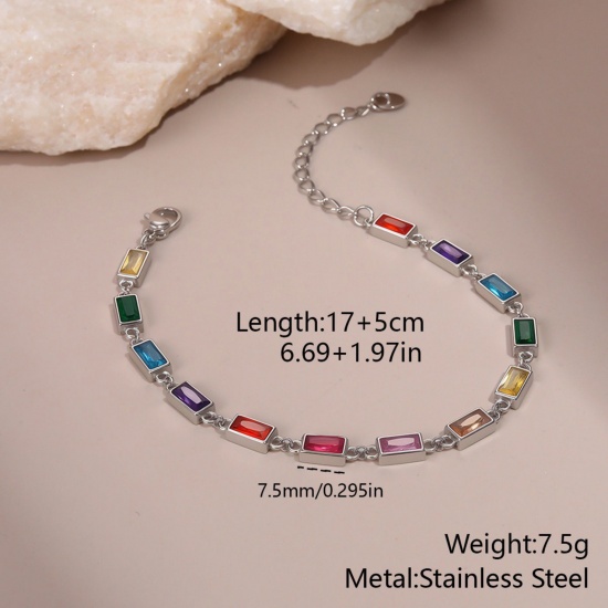 Picture of Wholesale Rectangle Multicolour Cubic Zirconia 304 Stainless Steel Handmade Link Chain Station Bracelet, Silver Tone Eco-friendly, Women's Stylish Dainty Gift Jewelry Supply, 17cm(6.7") long, 1 Piece