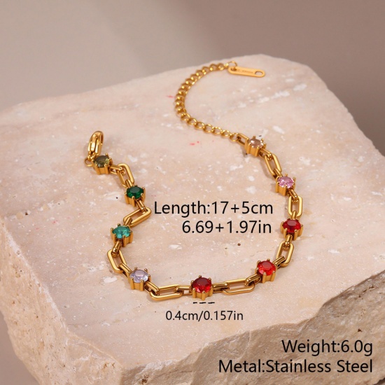 Picture of Wholesale Multicolour Cubic Zirconia 304 Stainless Steel Paperclip Link Chain Station Bracelet, 18K Gold Plated Eco-friendly PVD, Women's Stylish Dainty Gift Jewelry Supply, 17cm(6.7") long, 1 Piece